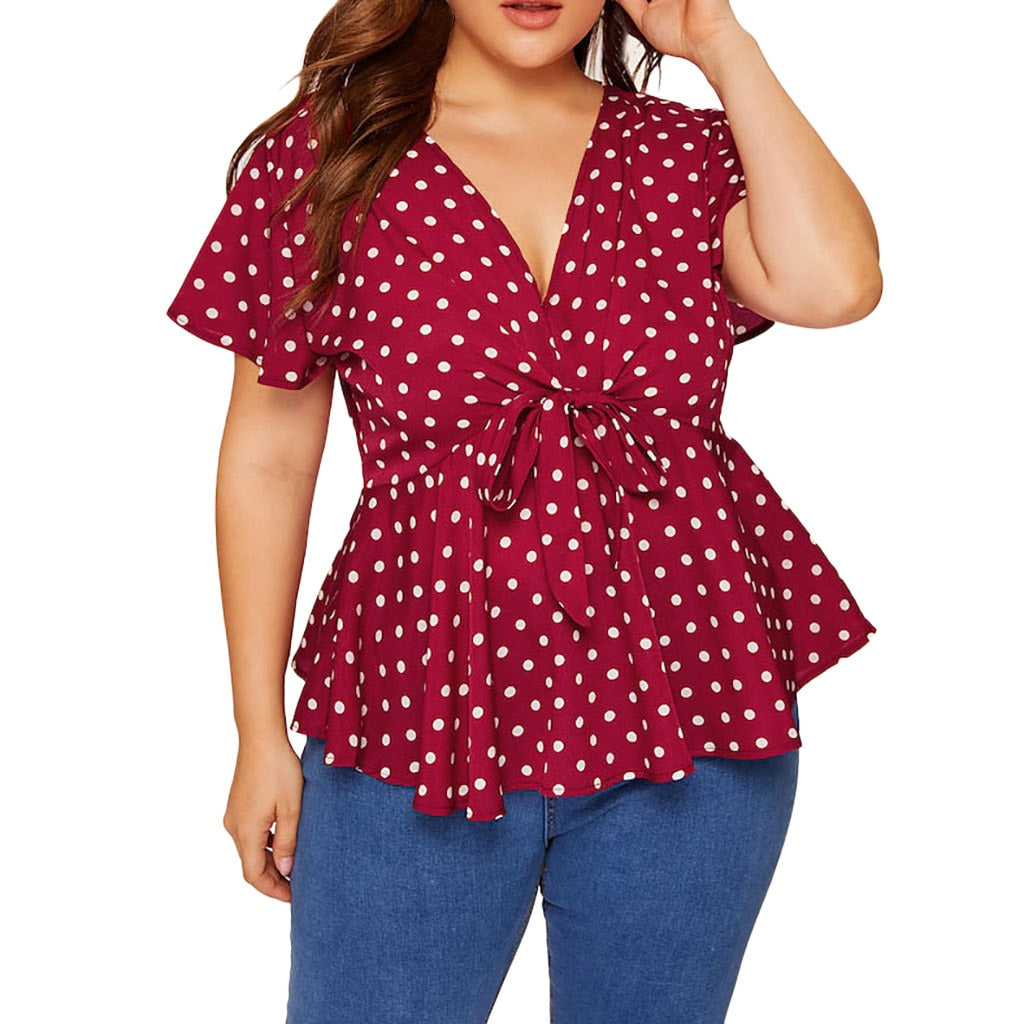 Polka Dot Bow V Neck Blouse - Fashion Damsel
