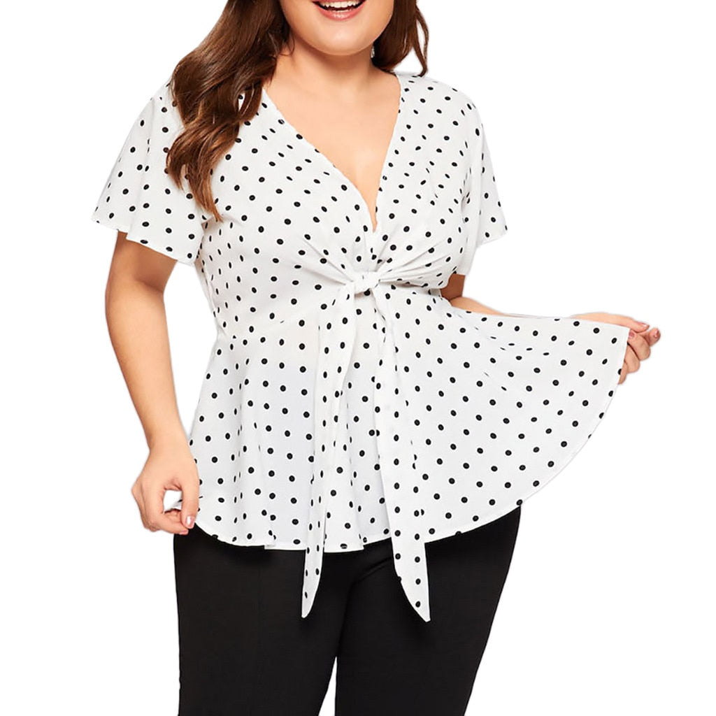 Polka Dot Bow V Neck Blouse - Fashion Damsel