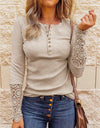 Lace O-Neck Hollow-Out Solid Top With Buttons