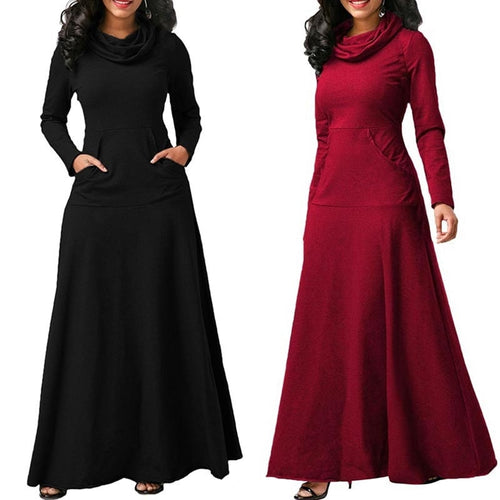 Warm Elegant High Collar Long Maxi Dress - Fashion Damsel