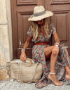 V Neck Short Sleeve Paisley Print Long Dress - Fashion Damsel