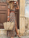 V Neck Short Sleeve Paisley Print Long Dress - Fashion Damsel