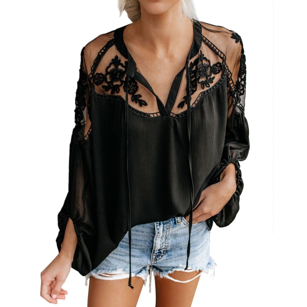 Lace Mesh Casual Long Sleeve Chiffon Blouse