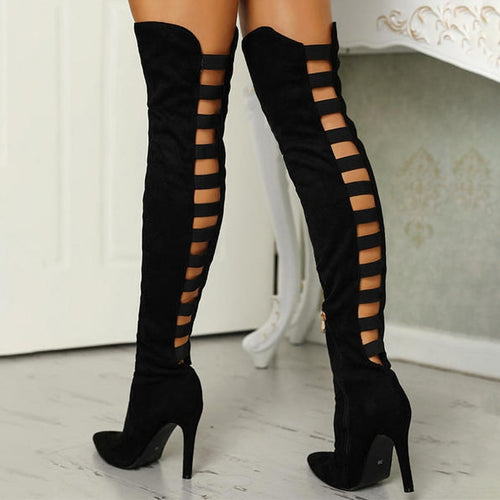 Black Hollow Out Over The Knee Boots - Fashion Damsel