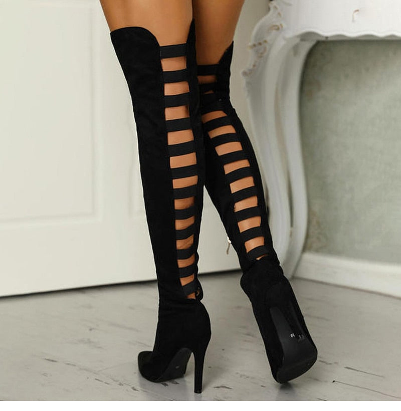 Black Hollow Out Over The Knee Boots - Fashion Damsel