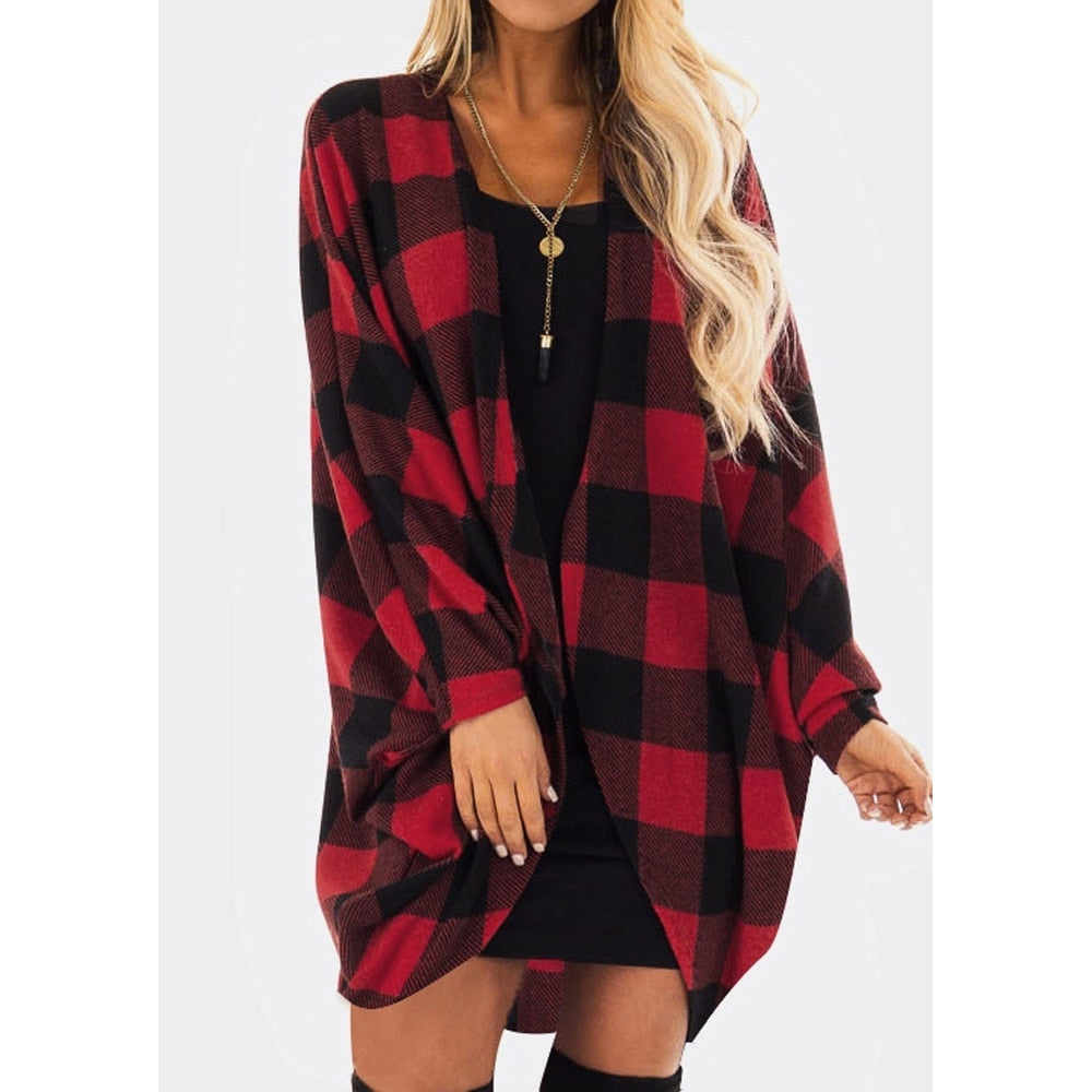 Long Cardigan Red Plaid Cotton Blouse