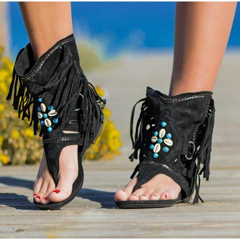 Retro Clip Toe Vintage Boot Tassel Sandals - Fashion Damsel