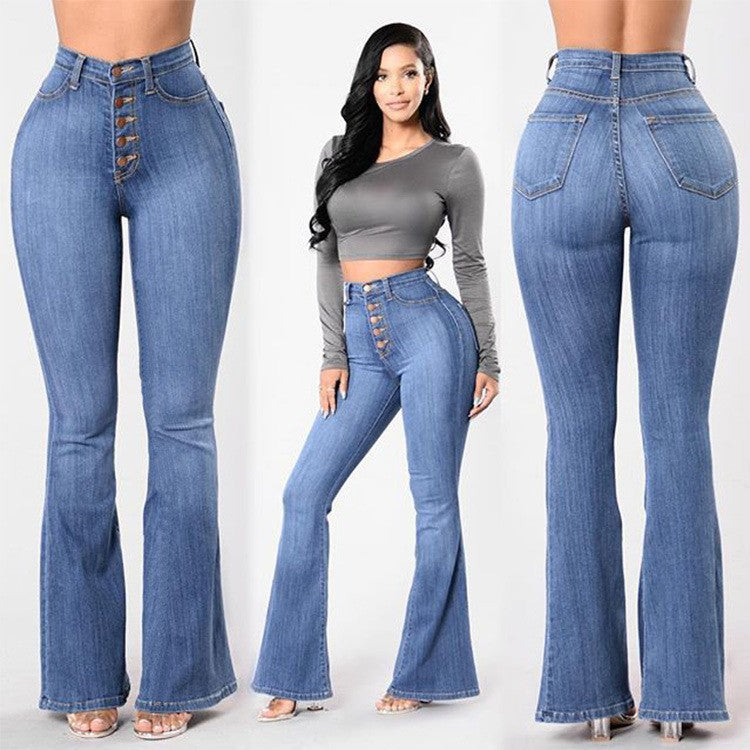 Elastic Loose Pocket High Waist button Jeans - Fashion Damsel