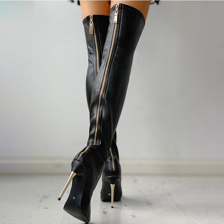 Leather Over The Knee Zipper Long Boots With Thin Heel - Fashion Damsel
