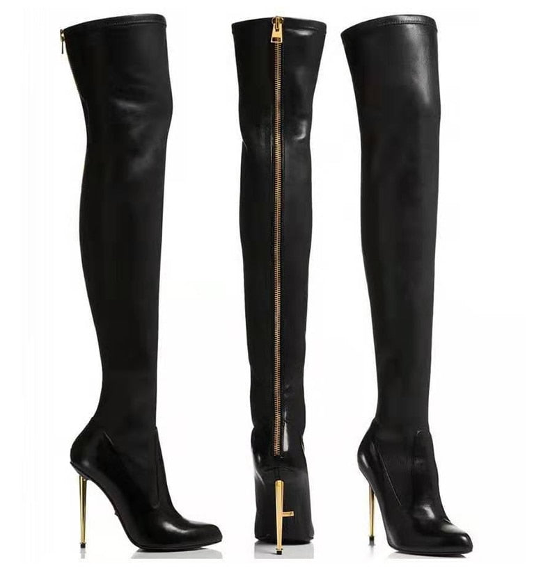 Leather Over The Knee Zipper Long Boots With Thin Heel - Fashion Damsel