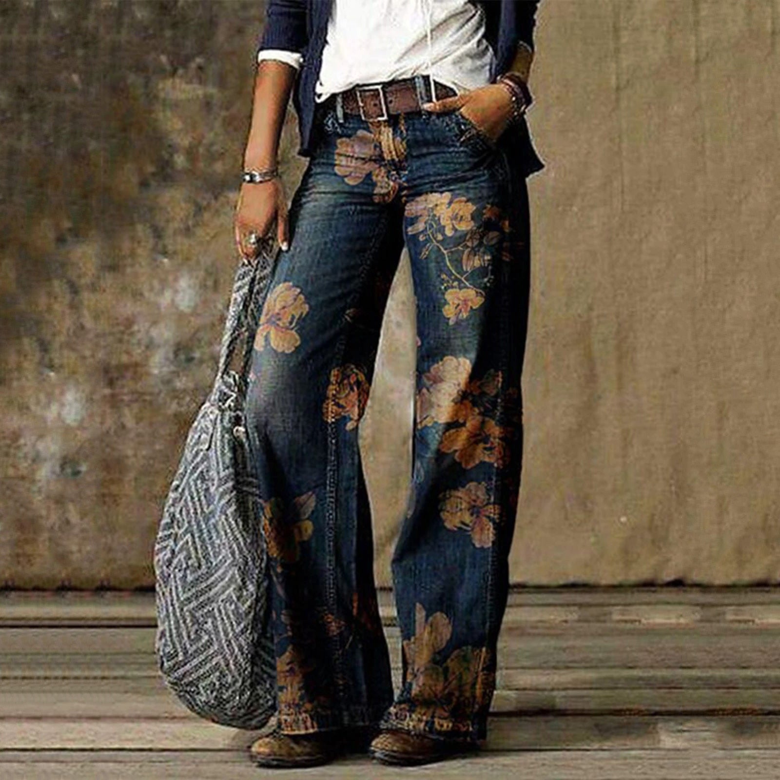 Flower Print Wide Leg Vintage Jeans