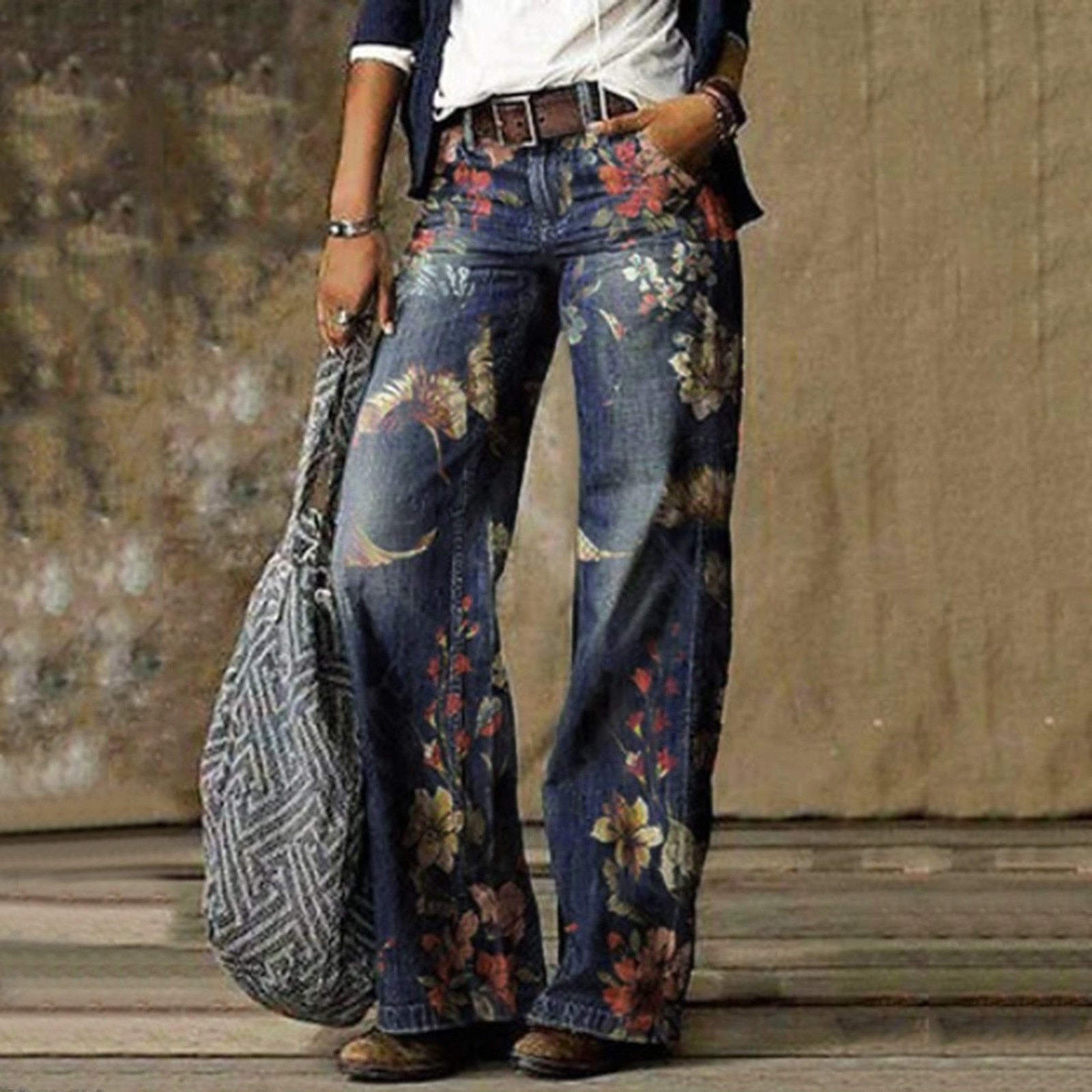 Flower Print Wide Leg Vintage Jeans