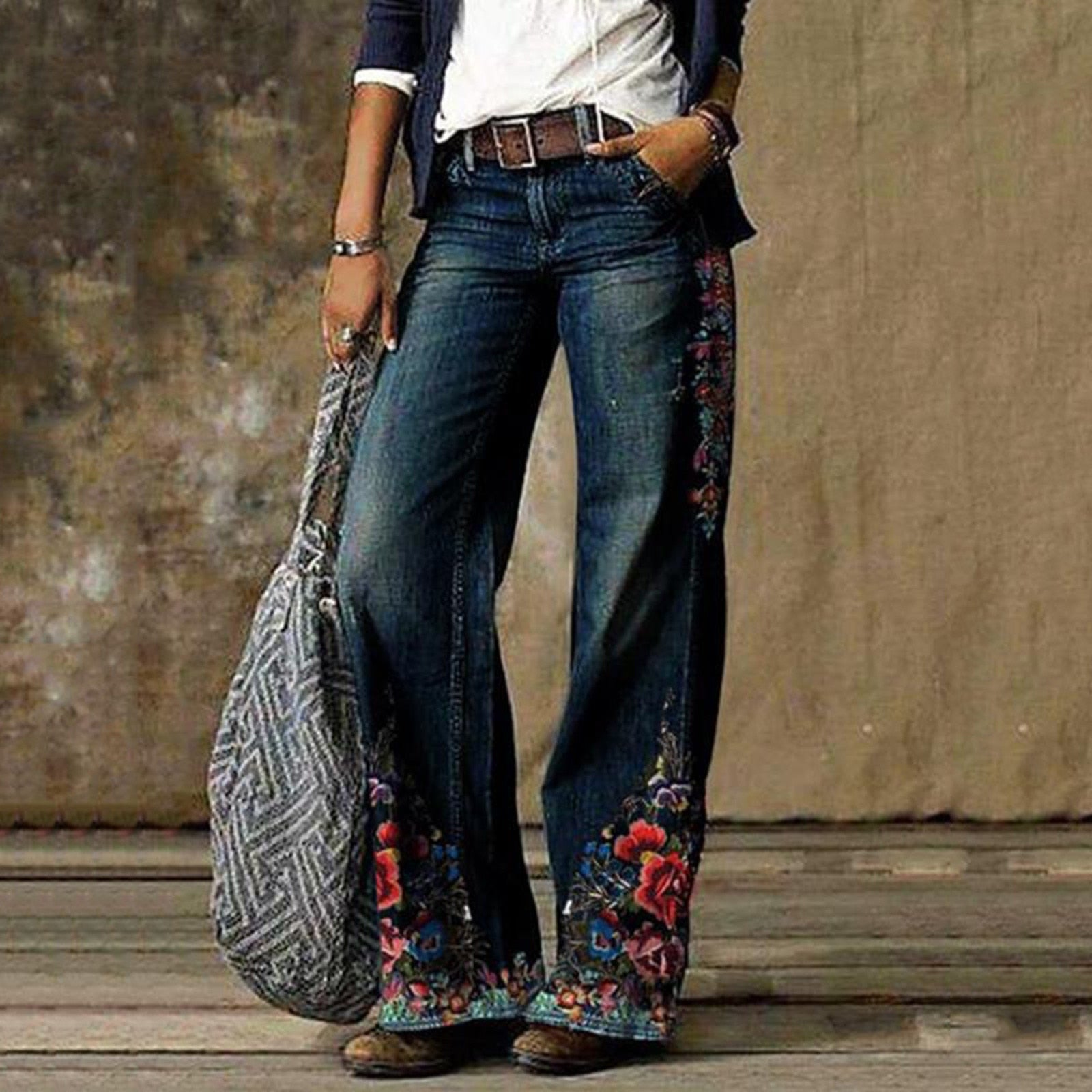 Flower Print Wide Leg Vintage Jeans