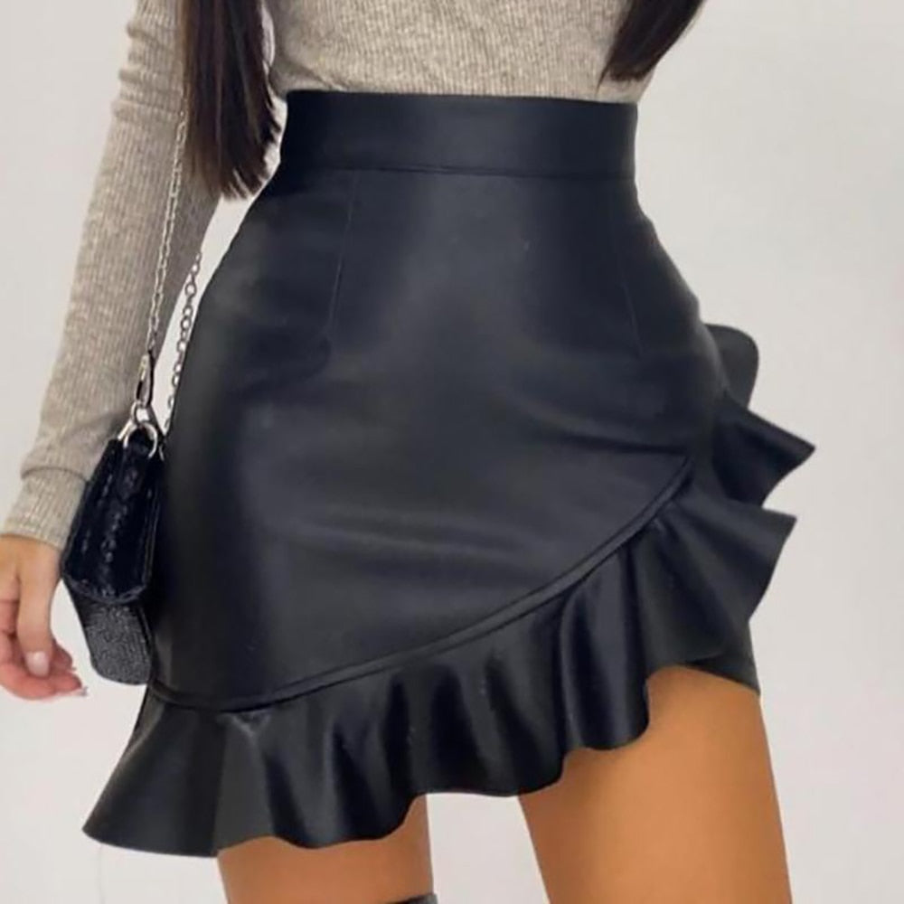 High Waist Black Ruffle Asymmetric Leather Pu Skirt