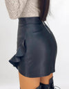 High Waist Black Ruffle Asymmetric Leather Pu Skirt