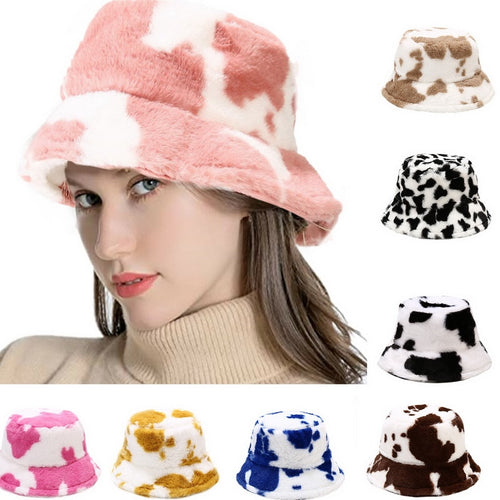 Winter Cow Print Plush Bucket Hat - Fashion Damsel