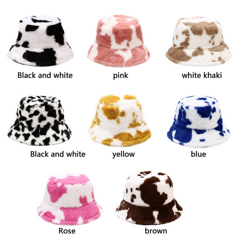 Winter Cow Print Plush Bucket Hat - Fashion Damsel