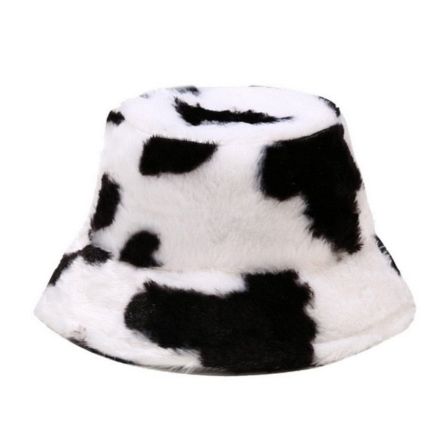 Winter Cow Print Plush Bucket Hat - Fashion Damsel