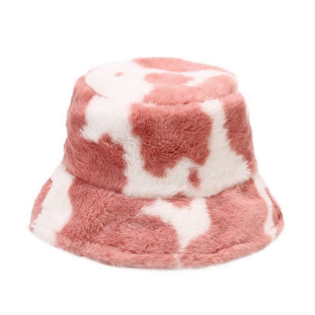 Winter Cow Print Plush Bucket Hat - Fashion Damsel