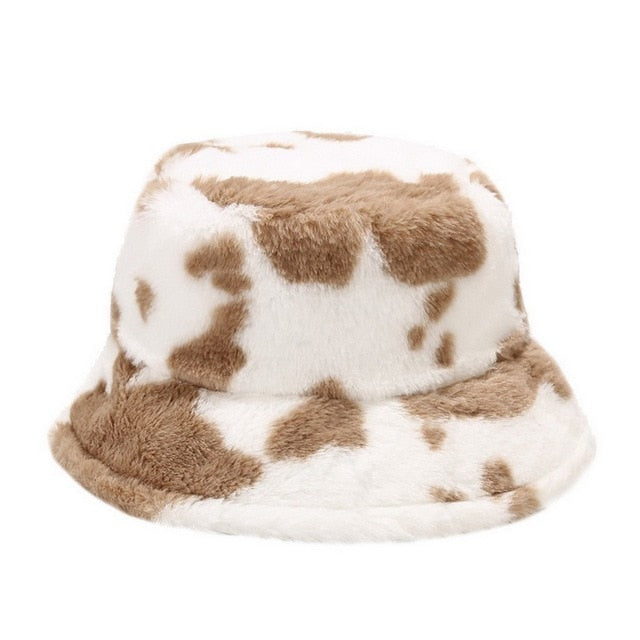 Winter Cow Print Plush Bucket Hat - Fashion Damsel