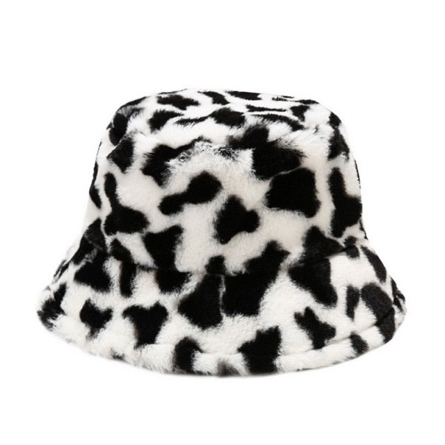 Winter Cow Print Plush Bucket Hat - Fashion Damsel