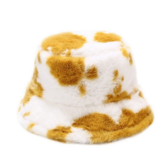 Winter Cow Print Plush Bucket Hat - Fashion Damsel