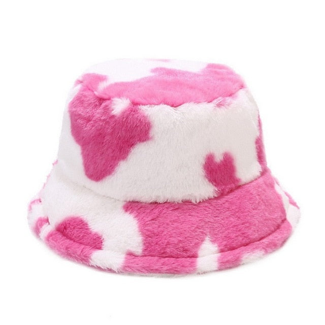 Winter Cow Print Plush Bucket Hat - Fashion Damsel