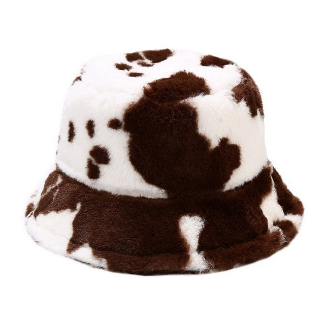 Winter Cow Print Plush Bucket Hat - Fashion Damsel