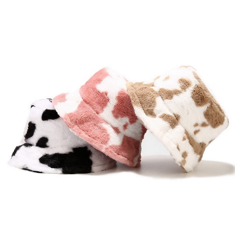 Winter Cow Print Plush Bucket Hat - Fashion Damsel