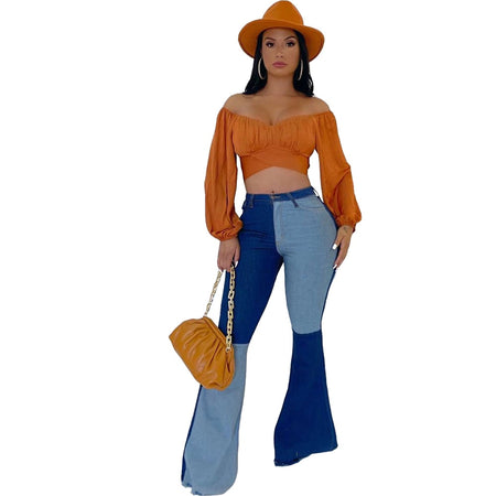 High Waist Patchwork Denim Flare Pants