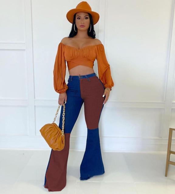 High Waist Patchwork Denim Flare Pants