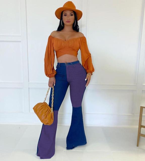 High Waist Patchwork Denim Flare Pants