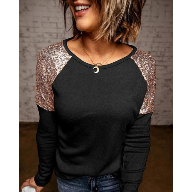Long Sleeve Patchwork Sequins Women's Loose Shirt