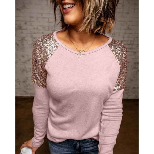 Long Sleeve Patchwork Sequins Women's Loose Shirt