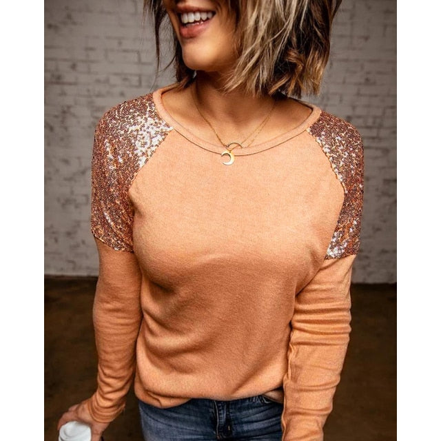 Long Sleeve Patchwork Sequins Women's Loose Shirt