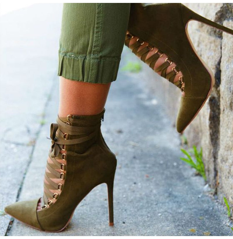 Women's Cross Straps Pointed Toe Ankle Boots - Fashion Damsel