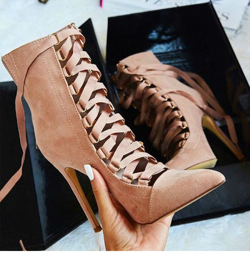 Women's Cross Straps Pointed Toe Ankle Boots - Fashion Damsel
