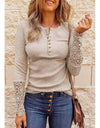 Lace O-Neck Hollow-Out Solid Top With Buttons