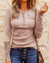 Lace O-Neck Hollow-Out Solid Top With Buttons