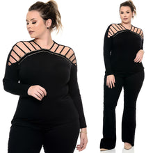 Load image into Gallery viewer, Plus Size Black Off Shoulder Long Sleeve Velvet Top - Fashion Damsel
