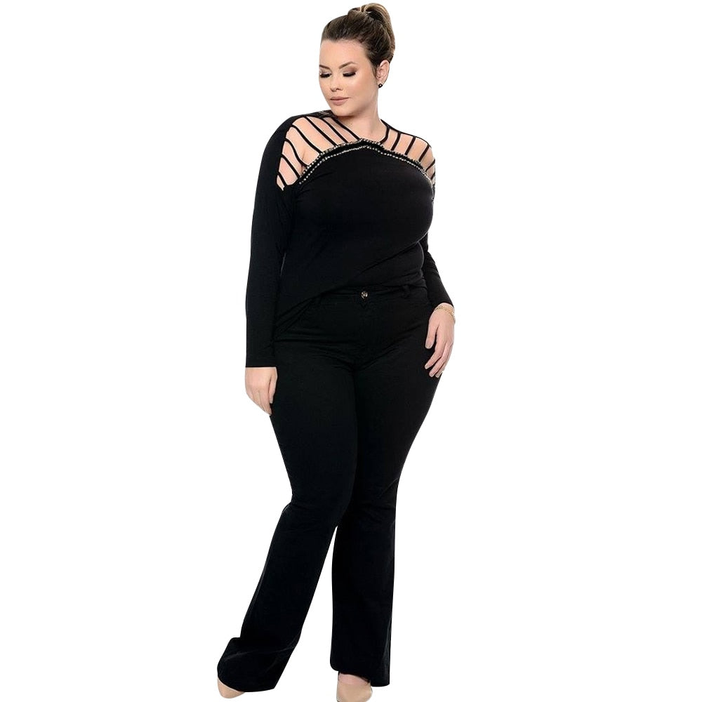 Plus Size Black Off Shoulder Long Sleeve Velvet Top - Fashion Damsel