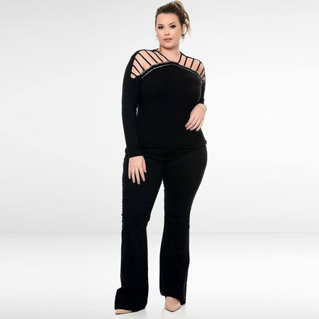 Plus Size Black Off Shoulder Long Sleeve Velvet Top - Fashion Damsel