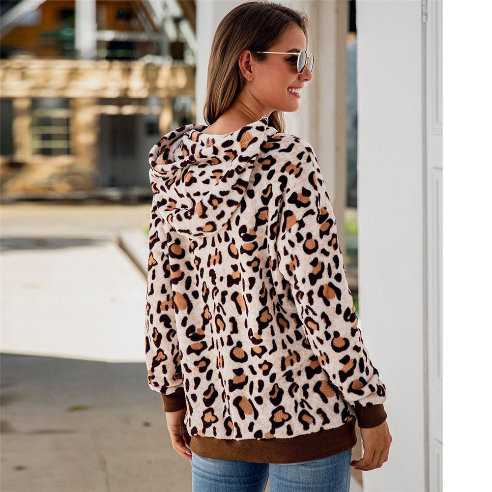 Autumn/Winter Leopard  Fleece Hooded Sweatshirt - Fashion Damsel