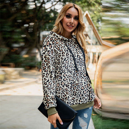 Autumn/Winter Leopard  Fleece Hooded Sweatshirt - Fashion Damsel