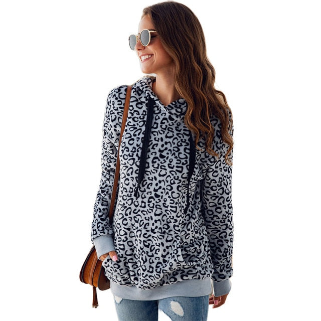 Autumn/Winter Leopard  Fleece Hooded Sweatshirt - Fashion Damsel