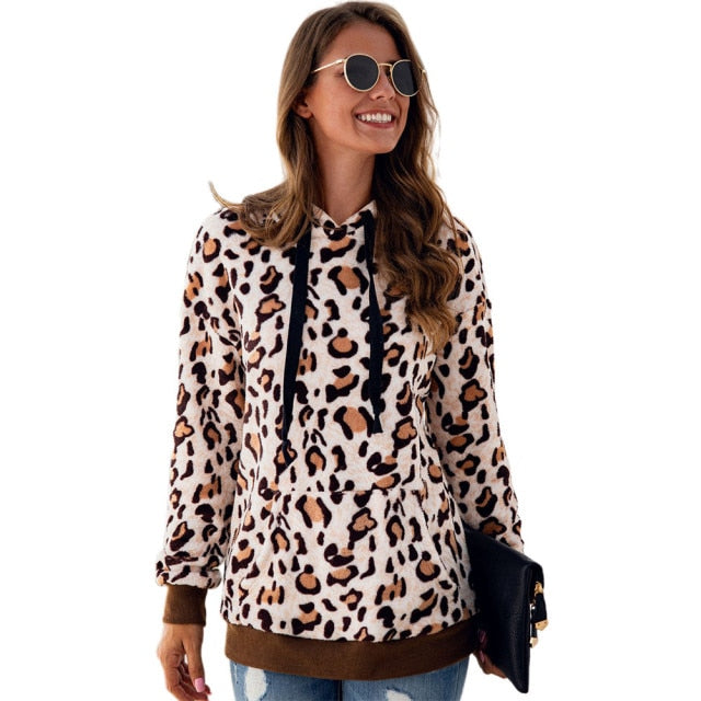 Autumn/Winter Leopard  Fleece Hooded Sweatshirt - Fashion Damsel