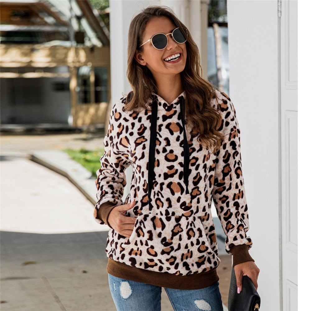 Autumn/Winter Leopard  Fleece Hooded Sweatshirt - Fashion Damsel