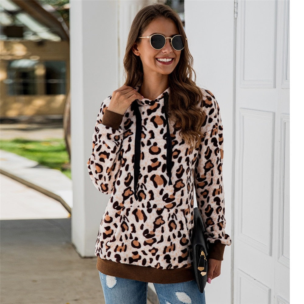 Autumn/Winter Leopard  Fleece Hooded Sweatshirt - Fashion Damsel