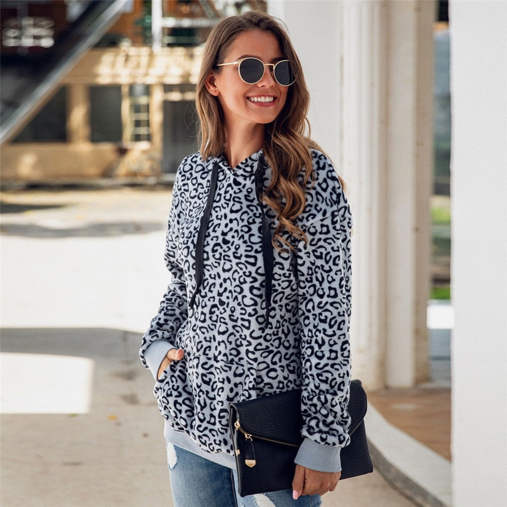 Autumn/Winter Leopard  Fleece Hooded Sweatshirt - Fashion Damsel