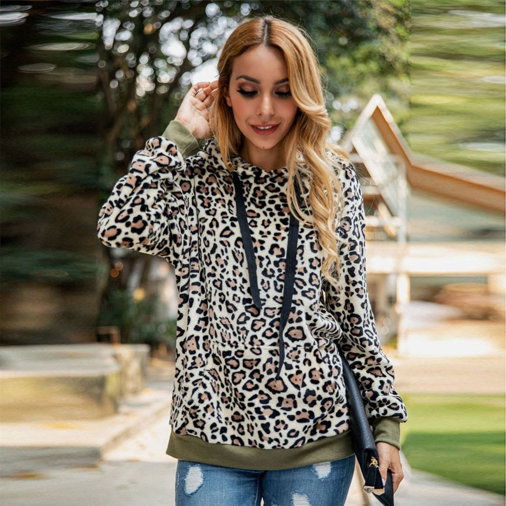 Autumn/Winter Leopard  Fleece Hooded Sweatshirt - Fashion Damsel